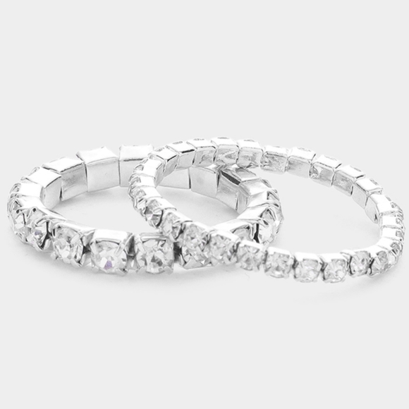 Silver Rhinestone Crystal 2 Piece Stackable Stretch Ring Statement Jewelry - Picture 3 of 3